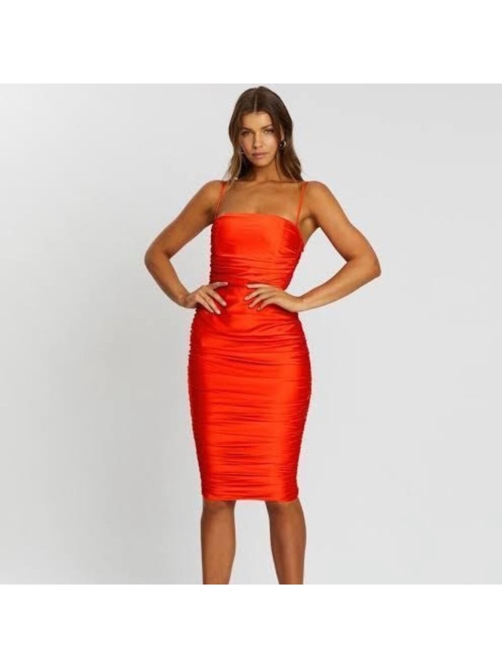 Nookie Poppy Red Orange Satin Ruched Midi Dress with Spaghetti Straps